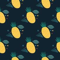 modello senza cuciture di ananas su sfondo nero. ananas disegnato a mano vettore