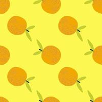 doodle disegnato a mano senza cuciture con stampa mandarino arancione agrumi. sfondo giallo. vettore