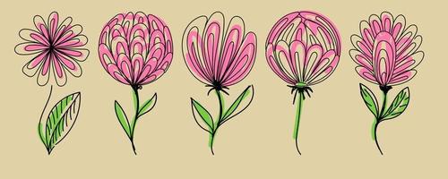 fiori, elementi in stile doodle disegnati a mano. fantasia fiori, boccioli e foglie. una serie di fiori in un unico stile. motivi neri. vettore