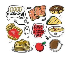 un set di cibi e bevande per la colazione. elementi in stile doodle disegnati a mano. colazione. Buon giorno. frittelle su un piatto, cialde, porridge con frutti di bosco e caffè. un semplice vettore in stile doodle.