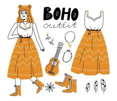 set di abiti boho. collezione di capi di abbigliamento in carino stile doodle lineare. illustrazione vettoriale disegnata a mano.