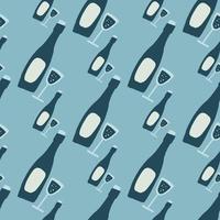 modello senza cuciture di bottiglia di vino disegnata a mano semplice. forme stilizzate di alcol in tonalità blu scuro su sfondo blu. vettore