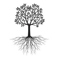 forma nera dell'albero con foglie e radici. illustrazione del contorno vettoriale. pianta in giardino. vettore
