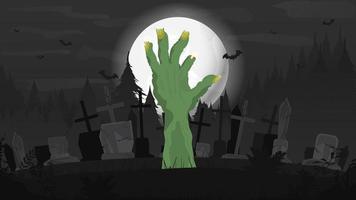 sfondo di halloween con la mano di zombi nel cimitero e la luna piena. illustrazione vettoriale