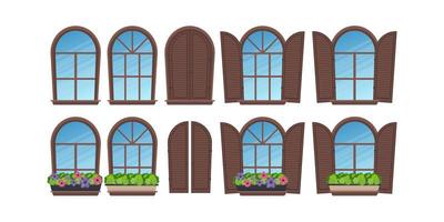 una grande serie di finestre semicircolari con persiane e fiori. in uno stile piatto. isolato. illustrazione vettoriale. vettore