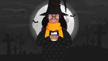 ragazza afroamericana in un costume da strega sullo sfondo della luna. tema di halloween. stile cartone animato. illustrazione vettoriale. vettore