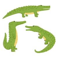 impostare i coccodrilli su sfondo bianco. divertente personaggio dei cartoni animati fauna selvatica in doodle. vettore