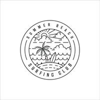 isola tropicale line art logo minimalista semplice illustrazione vettoriale modello icona design. tavola da surf di palma e concetto lineare di spiaggia estiva con tipografia di badge circolare