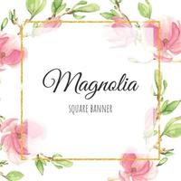 bouquet di ramo di magnolia rosa acquerello con cornice quadrata glitter oro per banner o logo vettore