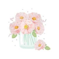 bouquet di rose inglesi rosa disegnato a mano ad acquerello in vetro con glitter isolato su sfondo bianco vettore