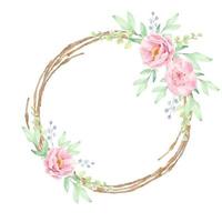 bouquet di fiori di peonia rosa acquerello su cornice di corona di ramoscello secco marrone vettore