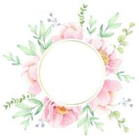 corona di bouquet di fiori di peonia rosa acquerello con cornice a cerchio dorato per logo o banner vettore