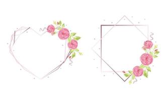 corona di rose inglesi rosa con disegno a mano ad acquerello con collezione di cornici geometriche vettore