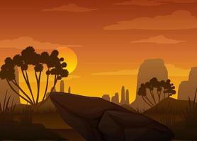 foresta della savana della siluetta all'ora del tramonto vettore
