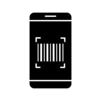 icona del glifo dell'app per la scansione di codici a barre. smartphone che legge il codice a barre lineare. scanner di codici unidimensionali. simbolo della sagoma. spazio negativo. illustrazione vettoriale isolato