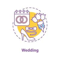 icona del concetto di matrimonio. illustrazione al tratto sottile dell'idea di fidanzamento. celebrazione del matrimonio. calendario con anelli, bouquet di fiori, vestito. disegno di contorno isolato vettoriale