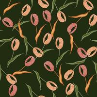 doodle senza cuciture con stampa di forme di tulipani casuali rosa. sfondo verde scuro. stile vintage. vettore