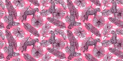 modello senza cuciture della fauna selvatica della savana su sfondo rosa. leopardo vintage, foglie, macchie in stile incisione. vettore