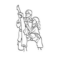 line art trainer che allunga le gambe della ragazza nel corso di taekwondo illustrazione vettore disegnato a mano isolato su sfondo bianco