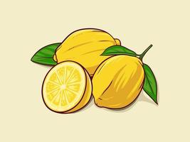 limone disegnato a mano con foglia verde intera e affettata, frutta fresca acida, buccia giallo brillante, illustrazione vettoriale di limoni isolata su sfondo bianco
