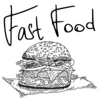 contorno di schizzo di disegno di doodle di fast food hamburger vettore