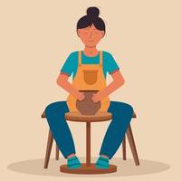 donna che fa ceramica su un tornio. laboratorio di ceramica, hobby di ceramica. maestro artigiano della ceramica. stoviglie in ceramica. simpatici piatti in ceramica fatti a mano, tazze, zuccheriera, teiere, piatti. vettore