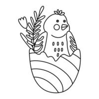 simpatico pollo in uovo decorato con fiori primaverili. ottimo per biglietti di auguri pasquali, libri da colorare. doodle illustrazione disegnata a mano contorno nero. vettore