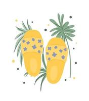 infradito estive su sfondo bianco. pantofole gialle. foglie di palma sullo sfondo. accessori estivi. vettore