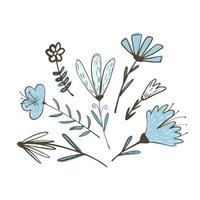 composizione di fiori su ramoscelli con fogliame su sfondo bianco. schizzo botanico astratto colore blu disegnato a mano in stile doodle. vettore