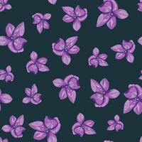 scrapbook seamless con elementi viola casuali fiori di orchidea. sfondo scuro. vettore