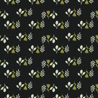 ornamento botanico scuro seamless doodle pattern. elementi della foresta su sfondo nero. opere d'arte della natura. vettore