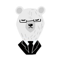 testa di orso polare su sfondo bianco. uomo d'affari simpatico personaggio in abito nero e vetro. vettore