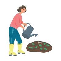 giardinaggio in azienda. una giovane donna lavora nell'orto, il contadino innaffia le piante. illustrazione vettoriale cartone animato piatto.