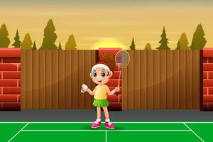 cartone animato ragazza divertente che gioca a badminton vettore