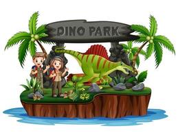 ragazzo e ragazza scout con dinosauri nel parco dei dinosauri vettore