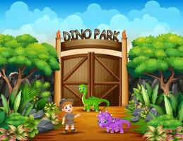il ragazzo esploratore nel parco dei dinosauri vettore