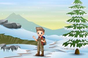 ragazzo scout con zaino che cammina sulla neve vettore