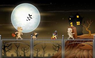 i cartoni animati di mummie felici celebrano una festa di halloween vettore