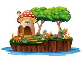 una casa dei funghi con molti gatti sull'isola vettore
