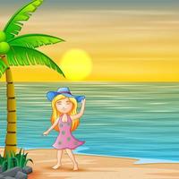 bella donna con cappello blu divertendosi sulla spiaggia vettore