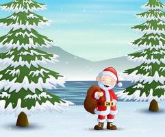 Babbo Natale in piedi con un sacco di regali nella foresta vettore