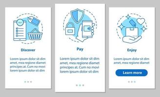 shopping online onboarding schermata della pagina dell'app mobile con concetti lineari. acquisto digitale. scopri l'affare, paga, goditi i passaggi istruzioni grafiche. ux, ui, modello vettoriale gui con illustrazioni