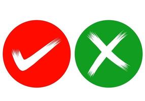 disegnato a mano di segno di spunta verde e croce rossa isolati su sfondo bianco. icona giusta e sbagliata. illustrazione vettoriale. vettore