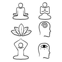 pratica di meditazione disegnata a mano e set di icone della linea vettoriale yoga. rilassamento, pace interiore, conoscenza di sé, concentrazione interiore, pratica spirituale. scarabocchio