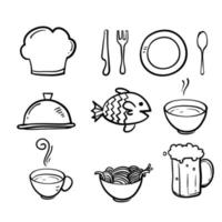 icona di cibo e bevande disegnata a mano. set di icone della linea ristorante. illustrazione vettoriale.abbozzo di doodle vettore