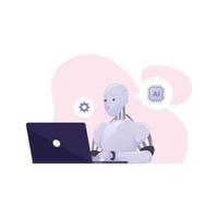robot umanoide che lavora su laptop, illustrazione vettoriale
