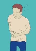 l'uomo malato soffre di mal di stomaco o gastrite. malessere tocco pancia maschile lotta con dolore addominale. illustrazioni di disegno vettoriale in stile disegnato a mano.