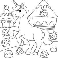 Pagina da colorare di unicorno nella terra delle caramelle per bambini vettore