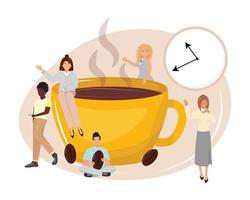 gruppo di persone che prendono una pausa caffè e parlano. enorme tazza di caffè con piccole persone in giro. illustrazione del concetto di comunicazione dell'ufficio. colleghi alla pausa caffè godendosi il tempo insieme. vettore