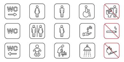 icona della linea della toilette. set di segno wc. pittogramma del contorno della stanza della madre e del bambino. bagno pubblico per disabili, uomini, donne, transgender. segno di divieto di fumo. illustrazione vettoriale. vettore